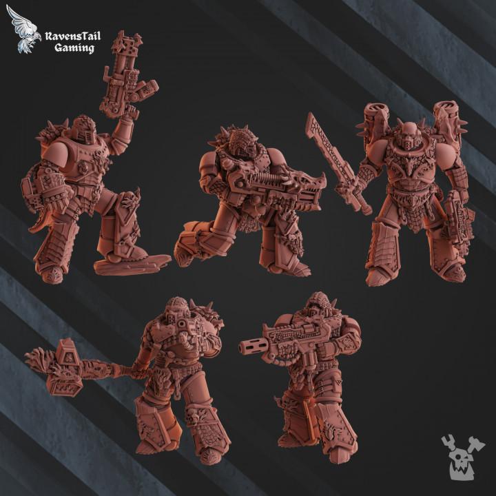 Five  figures with weapons on a dark background, featuring RavensTail Gaming logo.