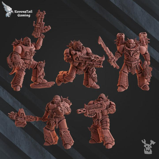Five  figures with weapons on a dark background, featuring RavensTail Gaming logo.