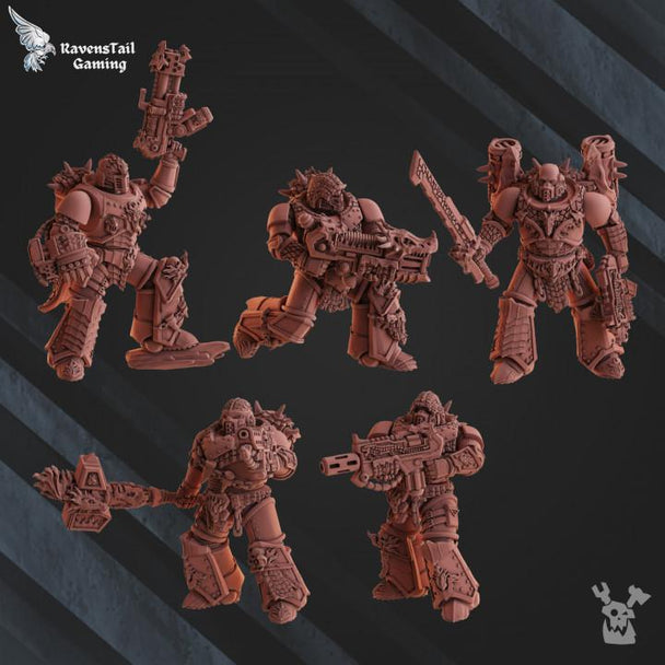 Five  figures with weapons on a dark background, featuring RavensTail Gaming logo.