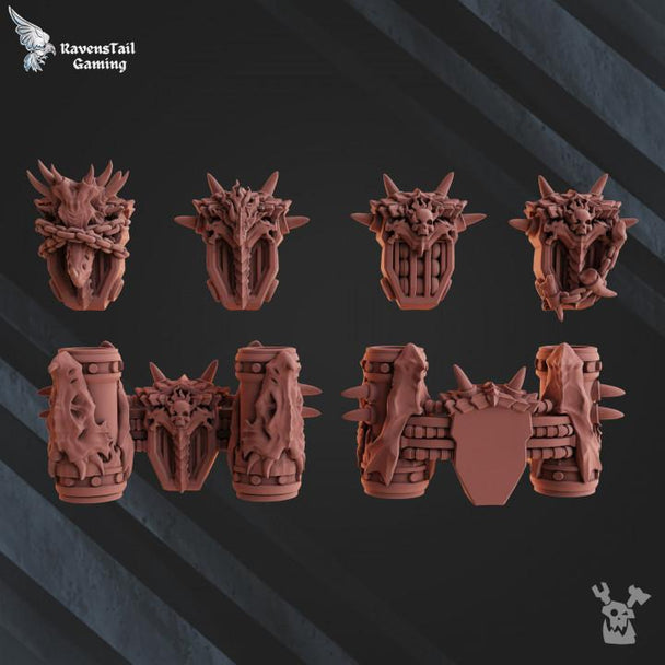 Set of game miniatures with detailed designs on a dark background, branded 'RavensTail Gaming'.