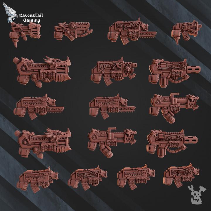 Collection of detailed gun models on a dark background with 'RavensFaul Gaming' branding.