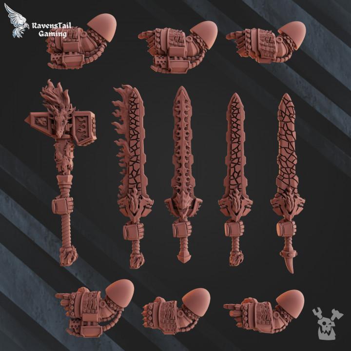Collection of detailed weapon and armor pieces on a dark background with 'RavensTail Gaming' branding.