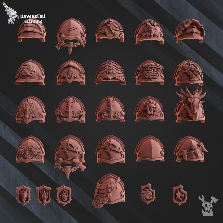 Collection of game miniatures and armor pieces on a dark background with 'RavensTail Gaming' branding.