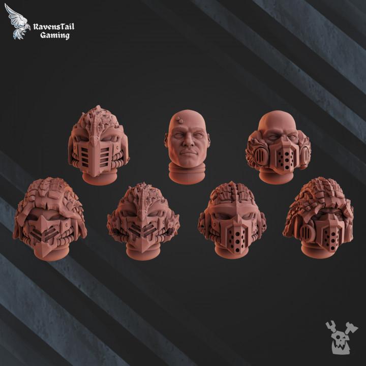 Set of game miniatures with detailed heads and helmets on a dark background, featuring the RavensTail Gaming logo.