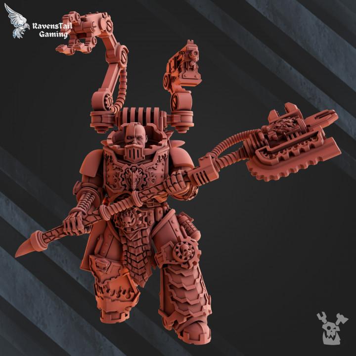 model with detailed armor and weapon on a dark background